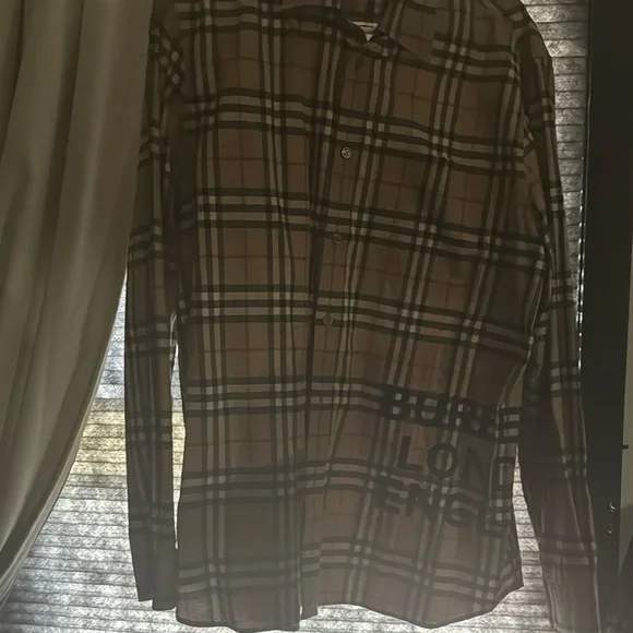 Burberry Beige and Red Plaid Casual Button Down Shirt